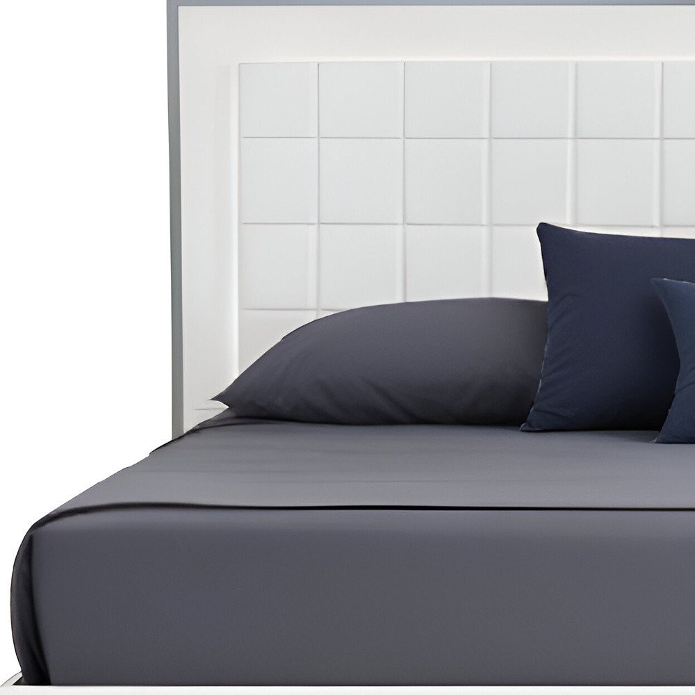 White Stainless Steel And Tufted Faux Leather Lighted California King Bed Frame