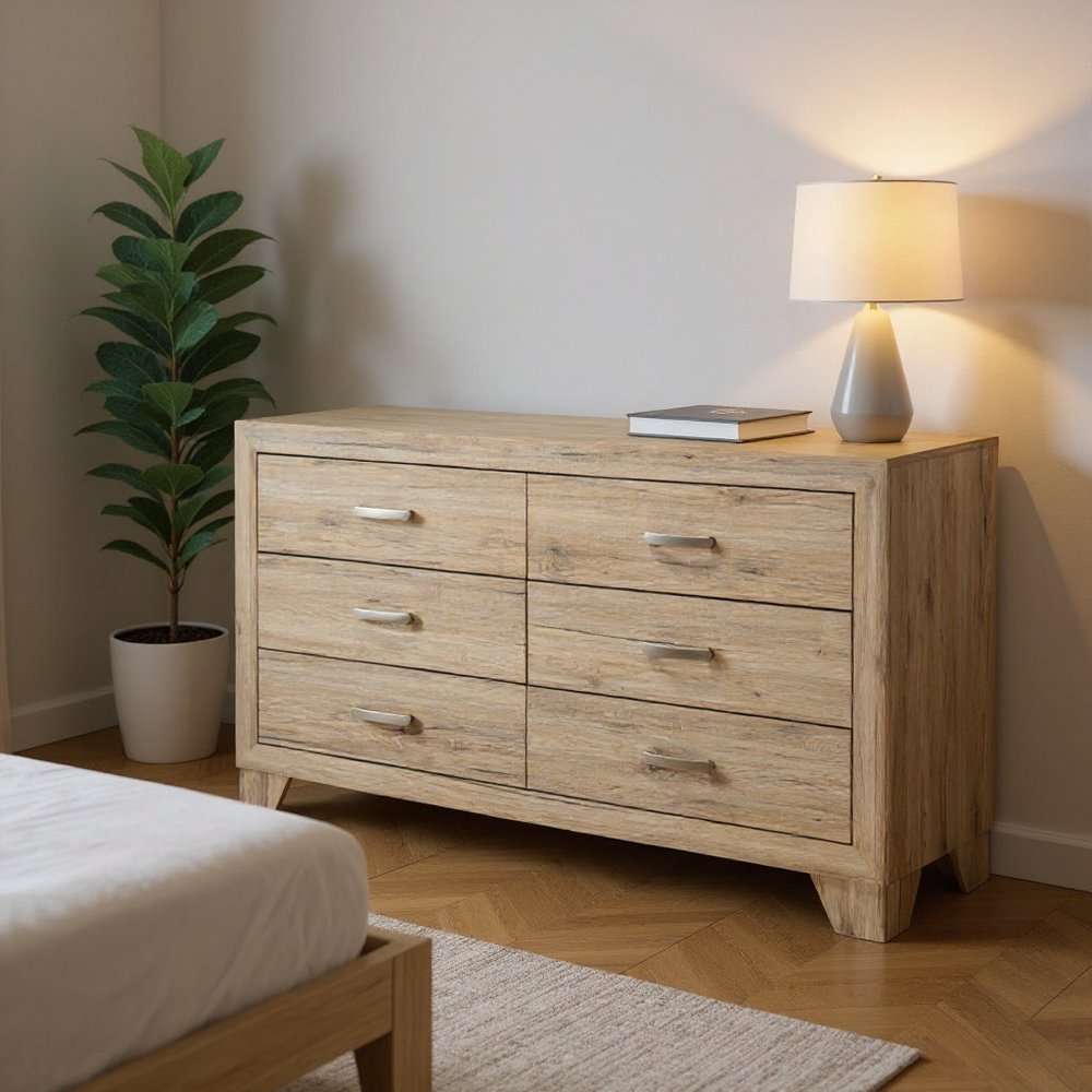 59" Natural Brown Manufactured Wood Six Drawer Double Dresser