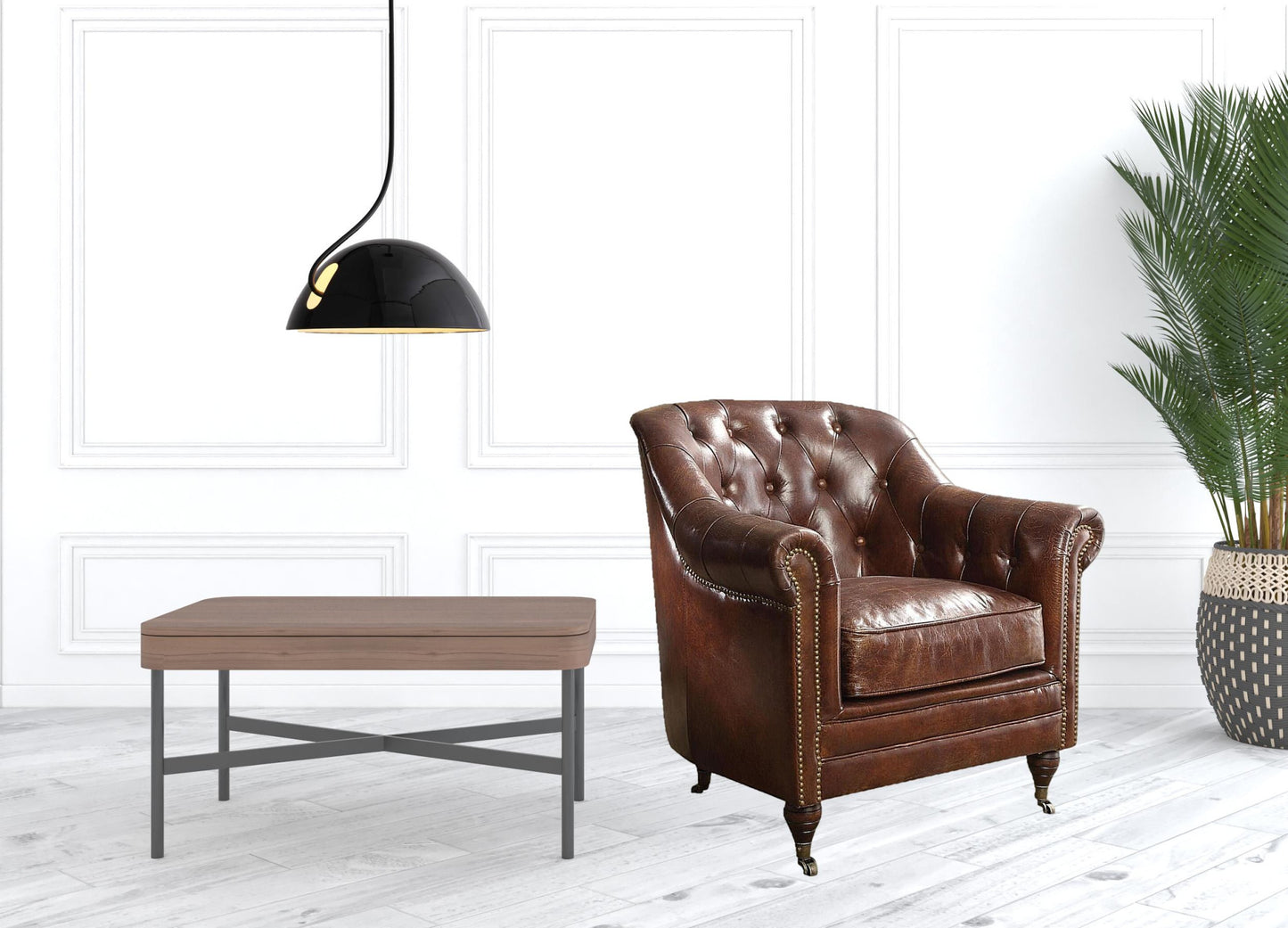 34" Brown Top Grain Leather Tufted Chesterfield Chair