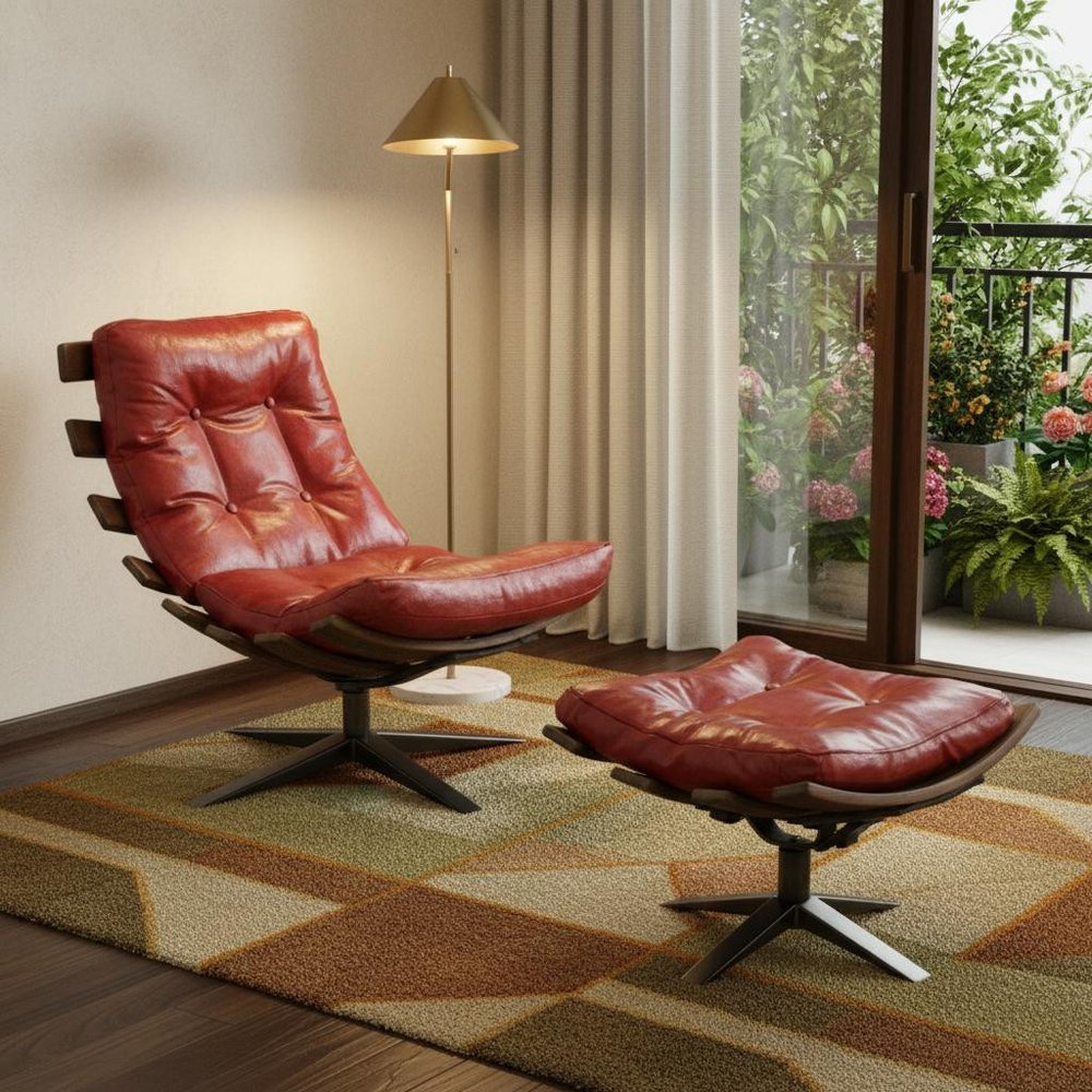 27" Red and Brown Top Grain Leather Tufted Swivel Lounge Chair With Ottoman