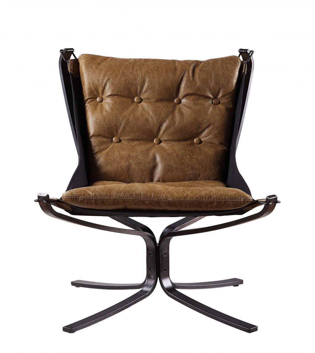 30" Coffee and Steel Blue Top Grain Leather Tufted Lounge Chair