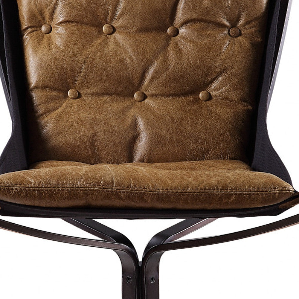 30" Coffee and Steel Blue Top Grain Leather Tufted Lounge Chair