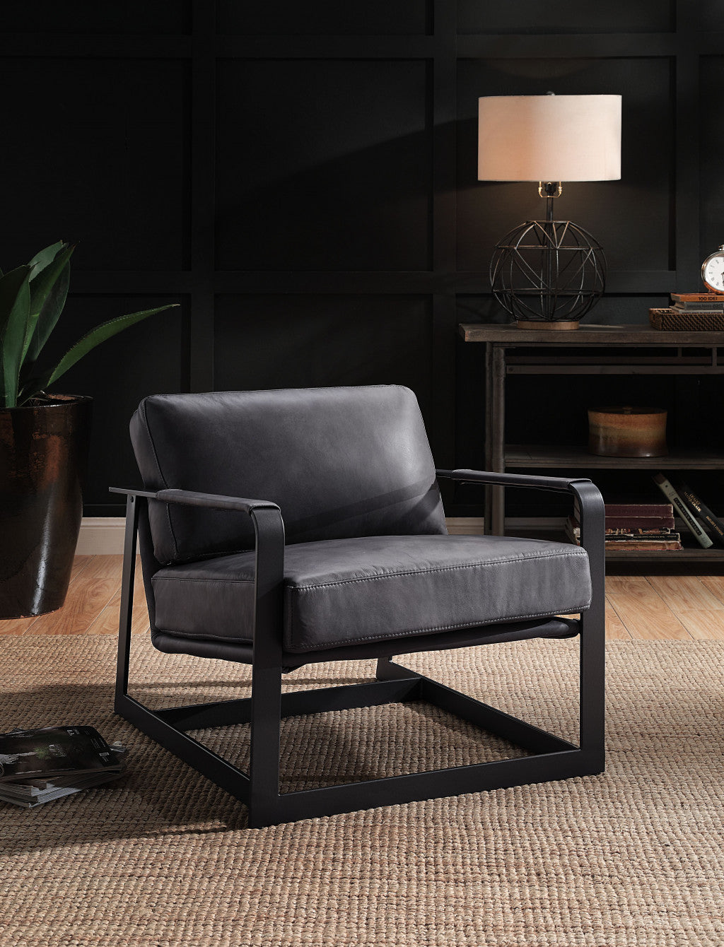 28" Gray and Steel Blue Top Grain Leather Arm Chair
