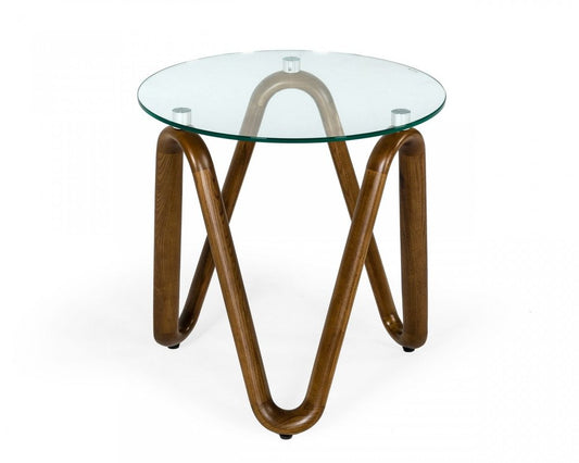 20" Walnut And Clear Glass Solid Wood Ribbon Base Round End Table