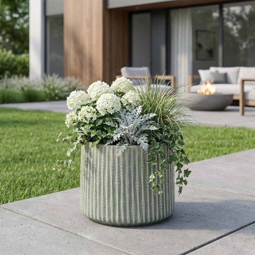 6" Green Striped Ceramic Indoor Outdoor Round Pot Planter