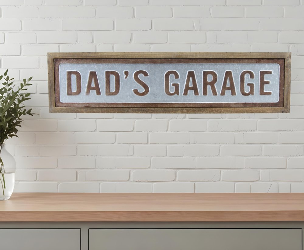 10" X 39" Gray and Brown Dad's Garage Wood and Metal Wall Decor