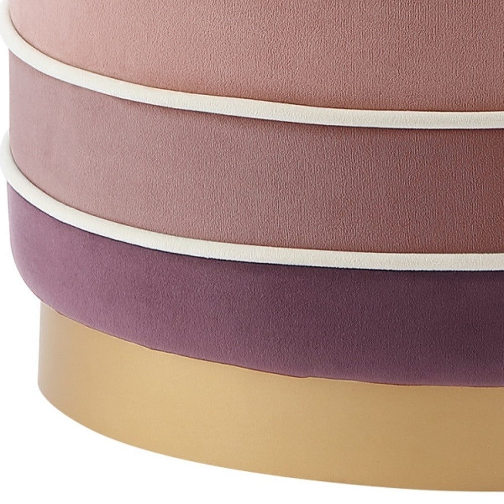 18" Blush Velvet And Gold Round Striped Ottoman
