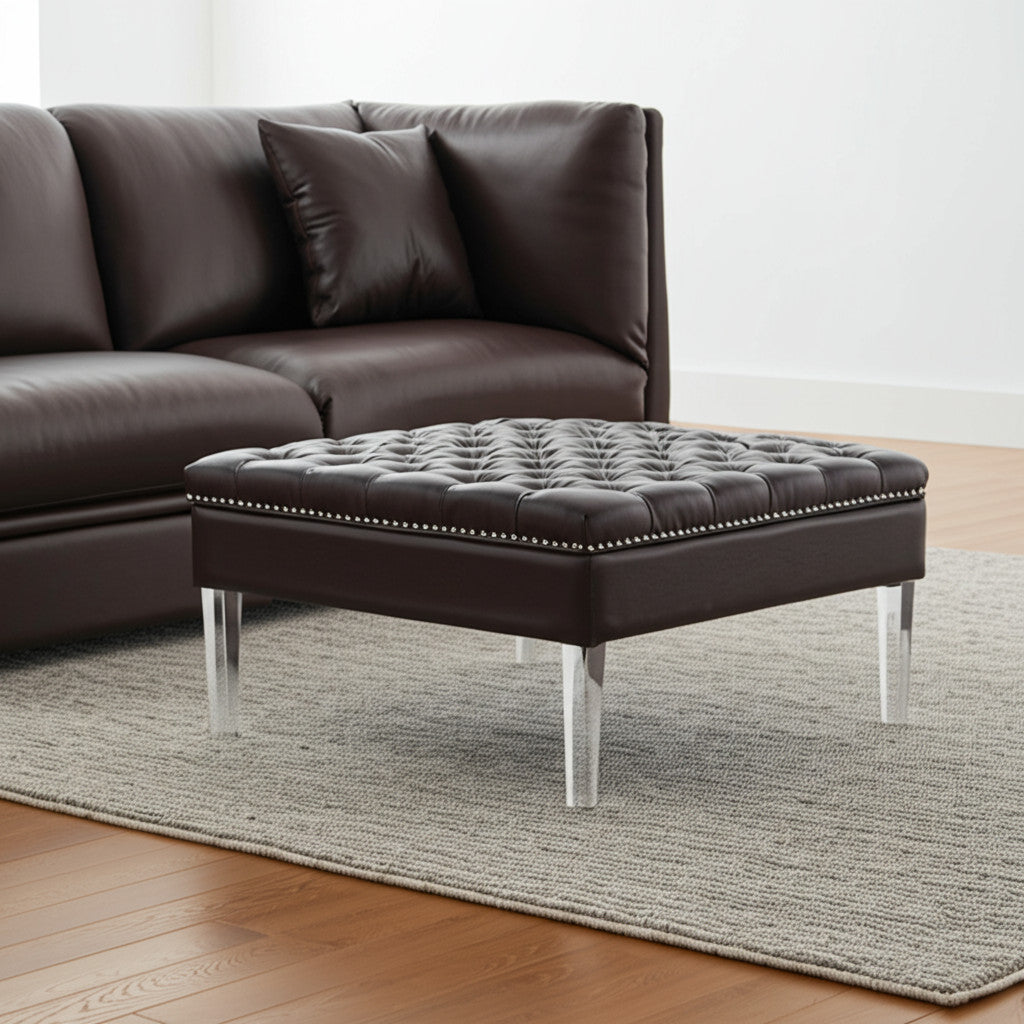 35" Silver Faux Leather And Clear Tufted Cocktail Ottoman