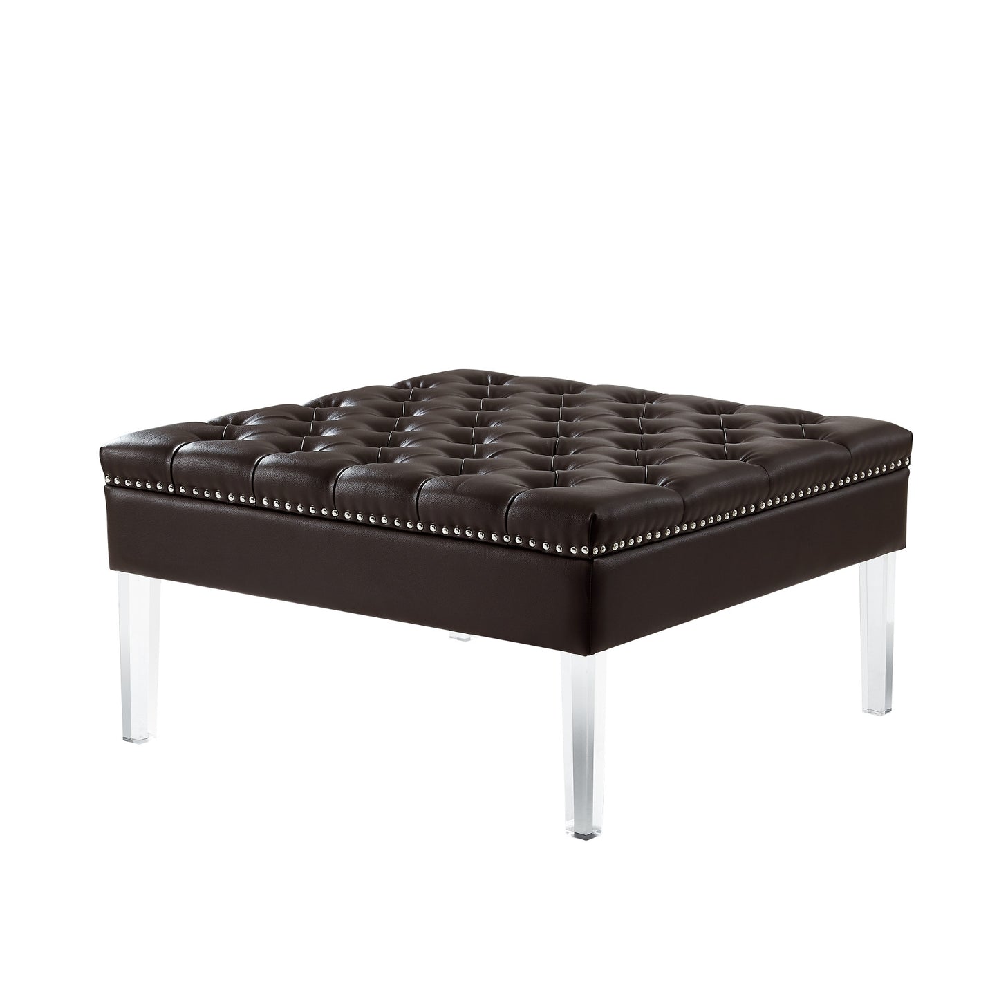 35" Silver Faux Leather And Clear Tufted Cocktail Ottoman
