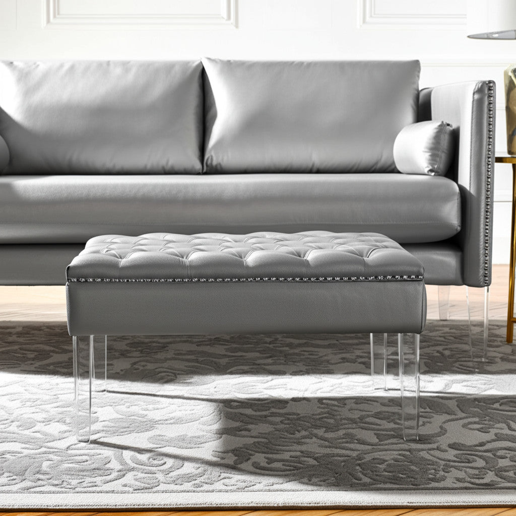 35" Silver Faux Leather And Clear Tufted Cocktail Ottoman