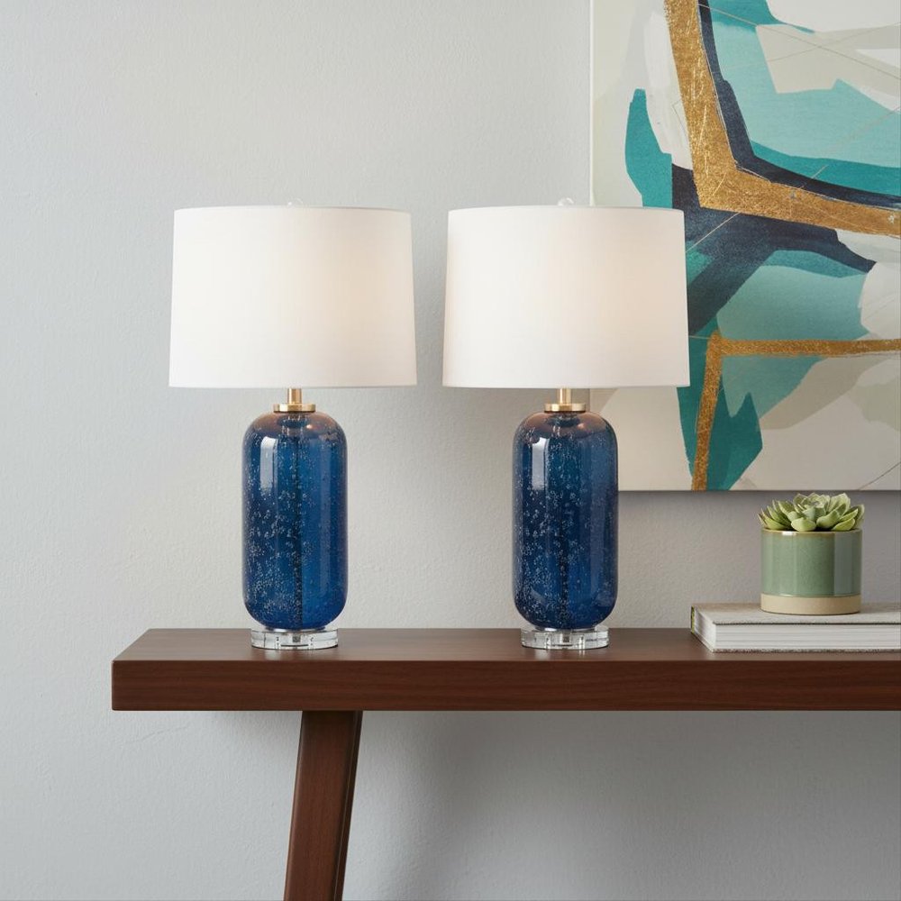 Set of Two 30" Blue Crystal Table Lamp With White Drum Shade