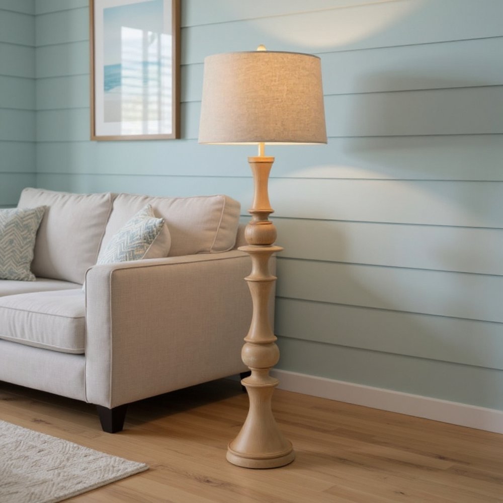 63" Natural Sculpted Stick Floor Lamp With Beige Burlap Drum Shade