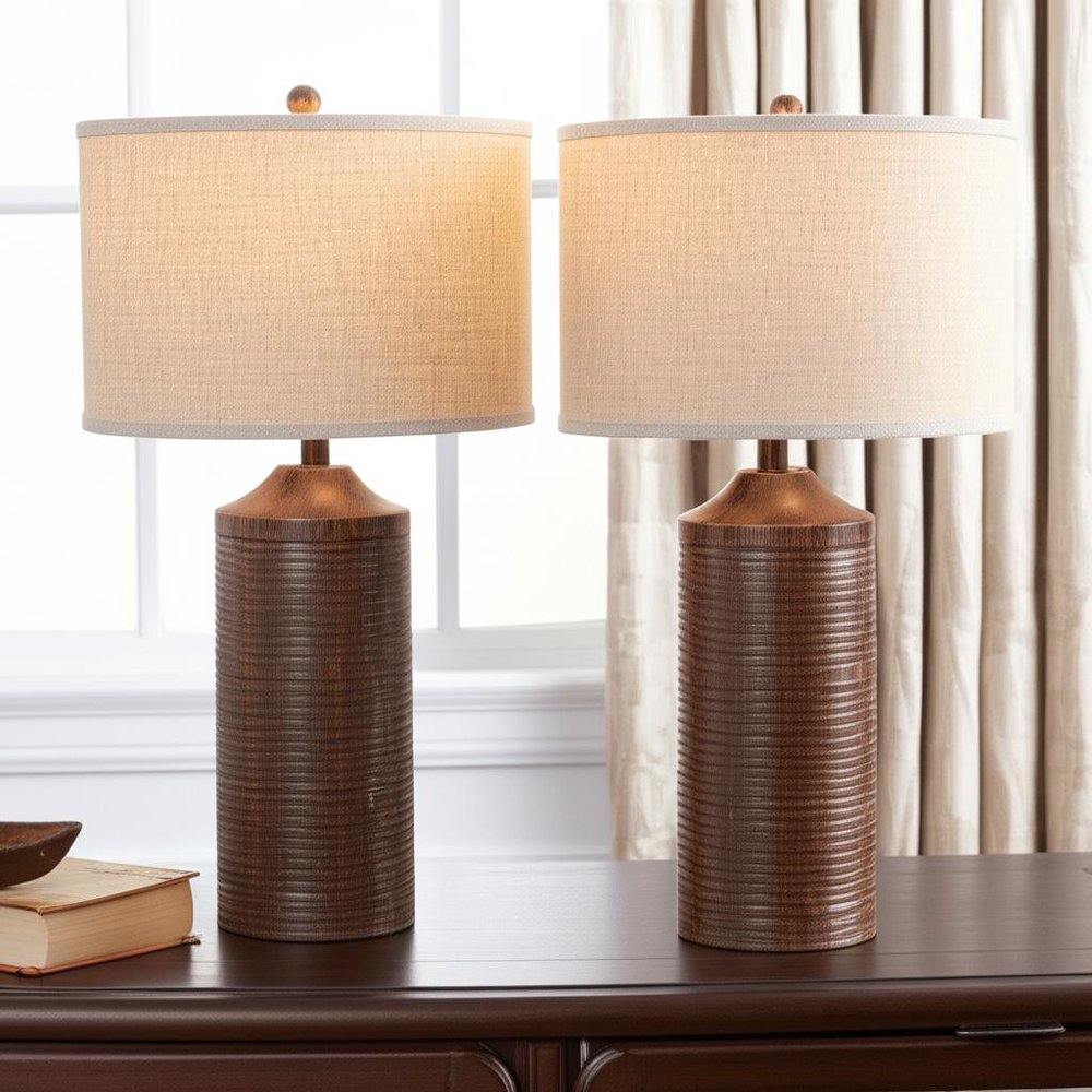 Set of Two 31" Distressed Brown Table Lamp USB With Beige Drum Shade
