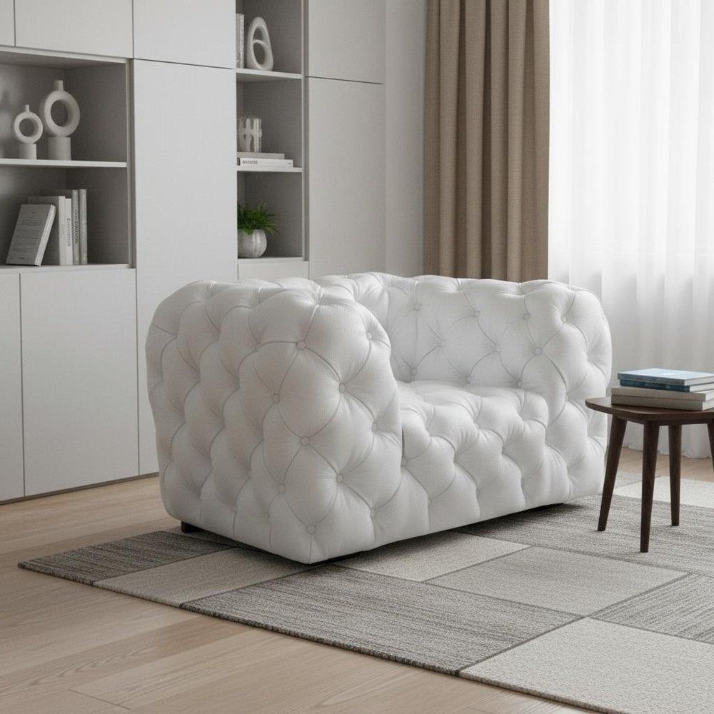 57" White And Black Top Grain Leather Tufted Arm Chair