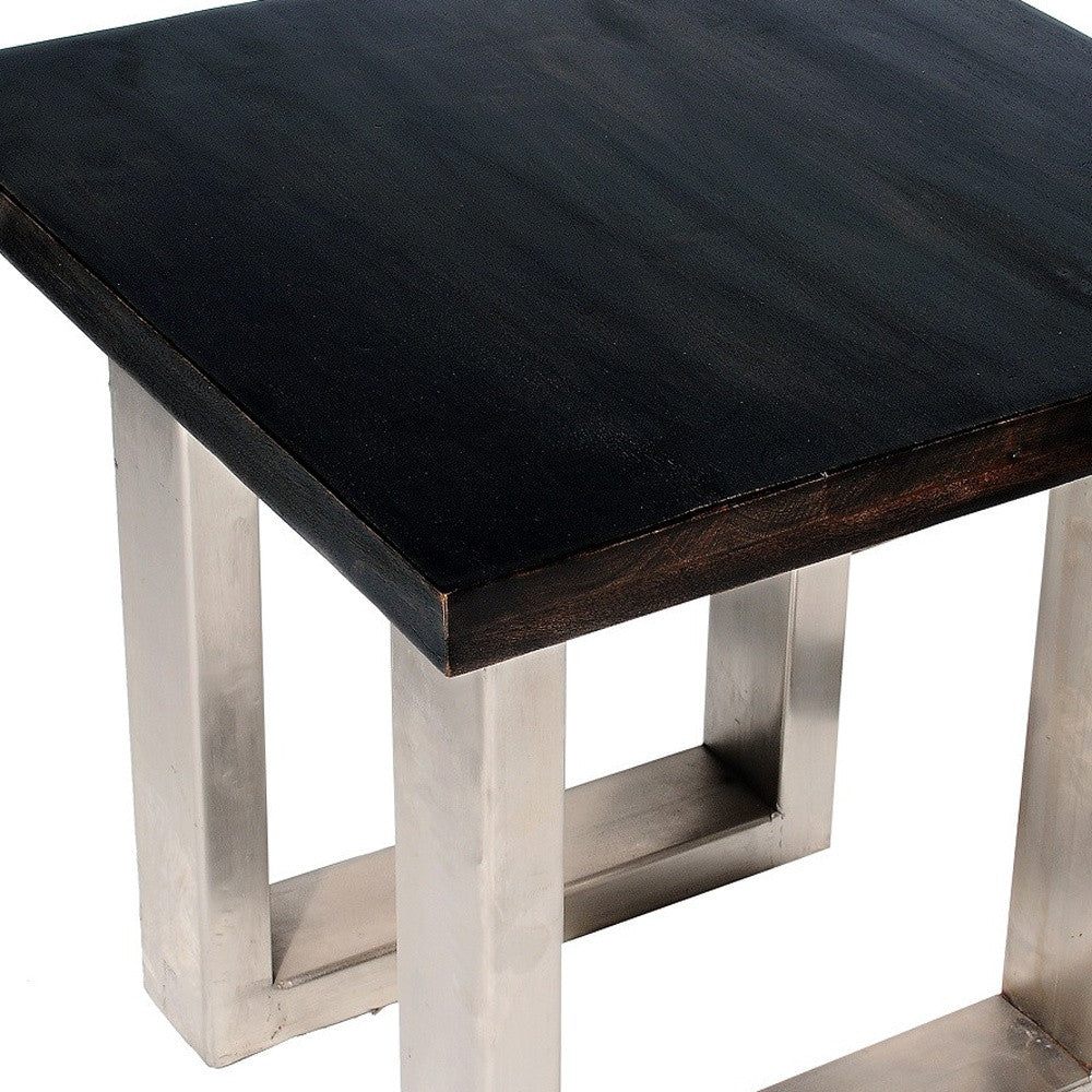 24" Silver And Antique Brown Solid Wood And Iron Square End Table