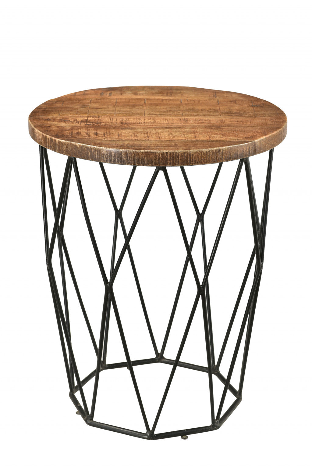 24" Black And Natural Brown Solid Wood And Iron Round End Table