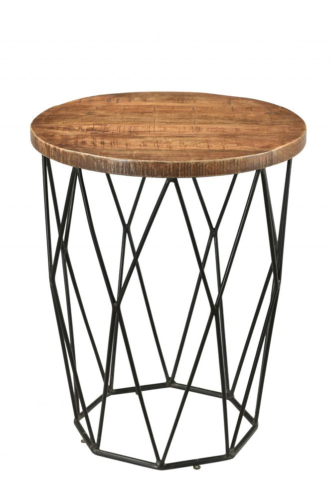 24" Black And Natural Brown Solid Wood And Iron Round End Table