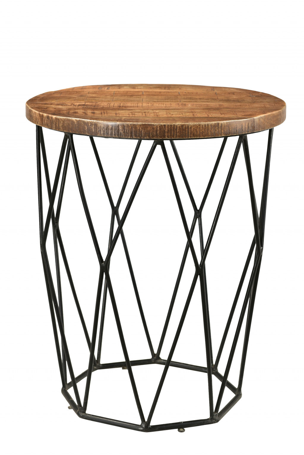 24" Black And Natural Brown Solid Wood And Iron Round End Table