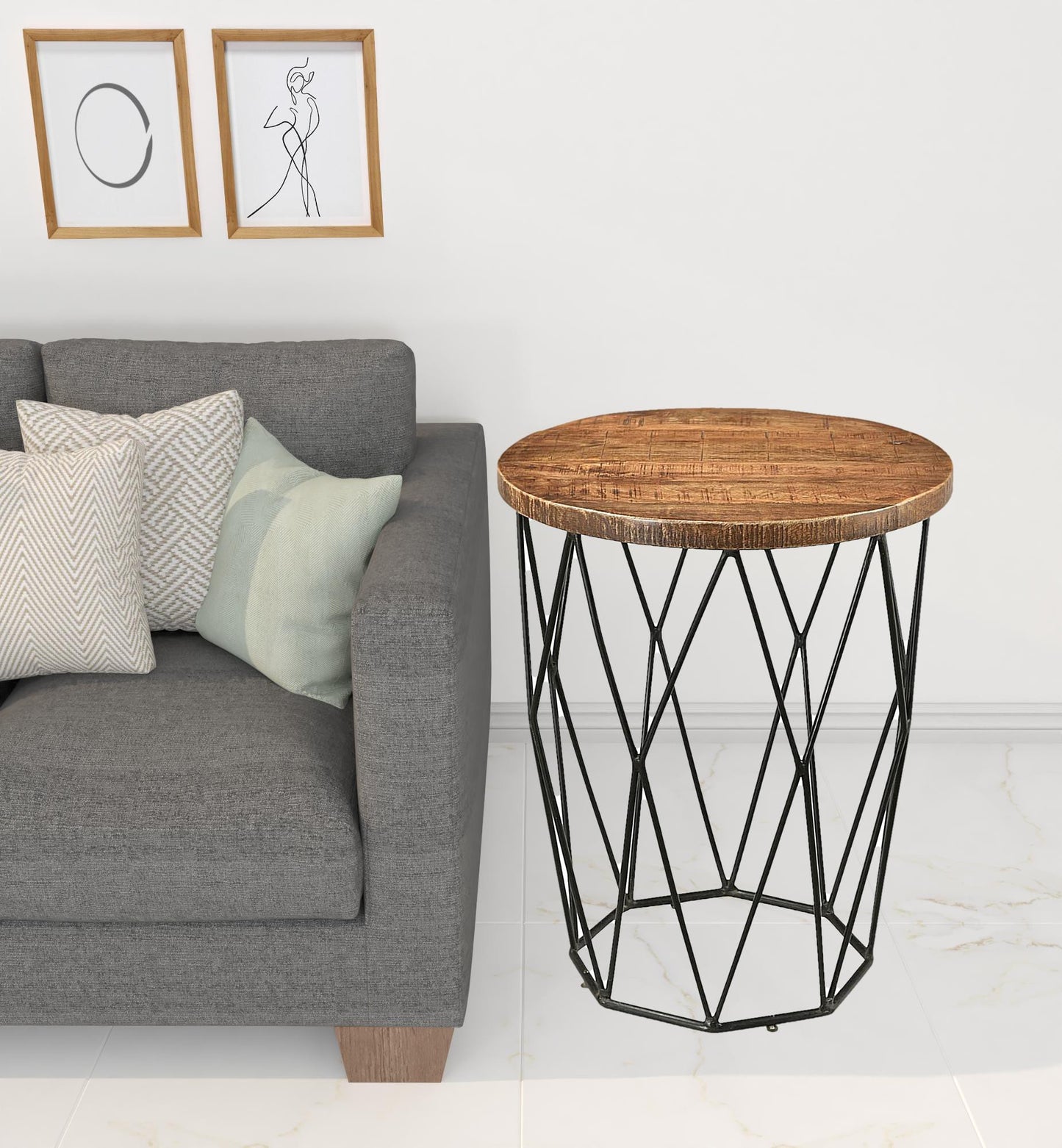 24" Black And Natural Brown Solid Wood And Iron Round End Table