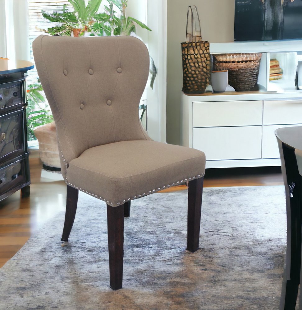 32" Taupe And Dark Brown Linen Tufted Side Chair