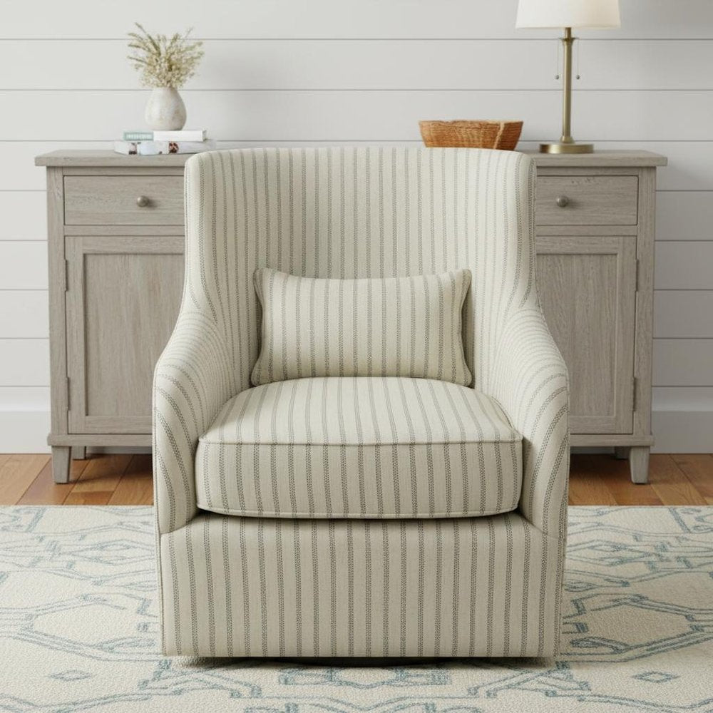 30" Natural Polyester Blend Striped Swivel Lounge Chair