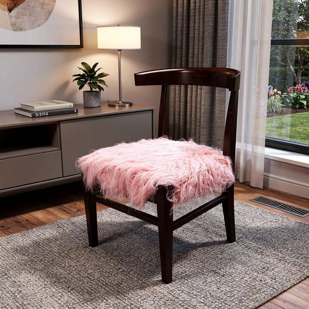 21" Blush Faux Fur And Dark Brown Solid Color Side Chair