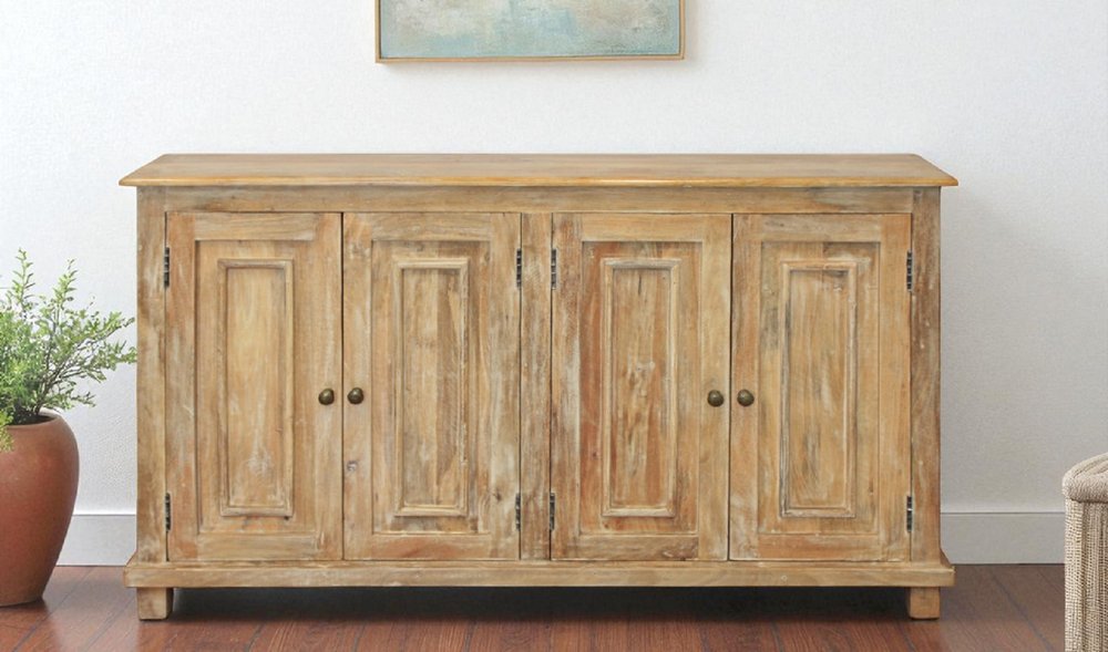 60" Natural Distressed Solid Wood Sideboard with Four Doors