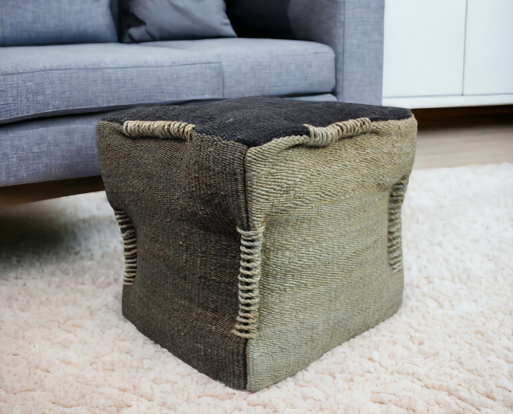 18" Black and Taupe Jute Cube Pouf Ottoman