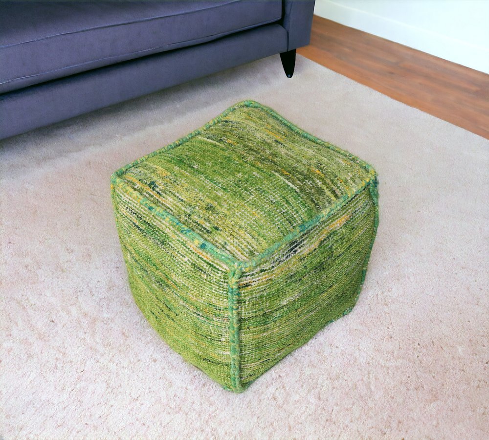 18" Green Recycled Silk and Cotton Blend Cube Pouf Ottoman
