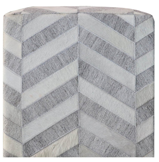 18" Gray and Ivory Hair on Hide Cube Chevron Pouf Ottoman