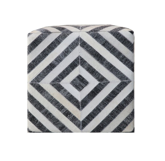 18" Dark Gray and Ivory Hair on Hide Cube Geometric Pouf Ottoman