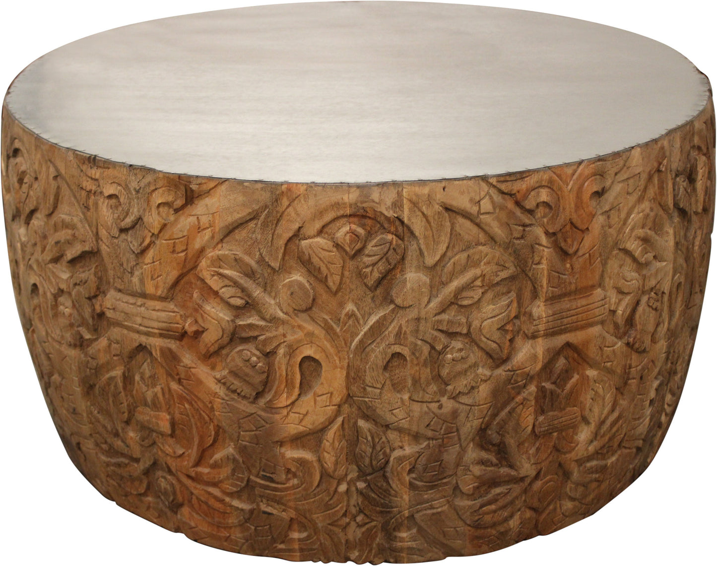32" White and Natural Iron and Solid Wood Round Drum Coffee Table