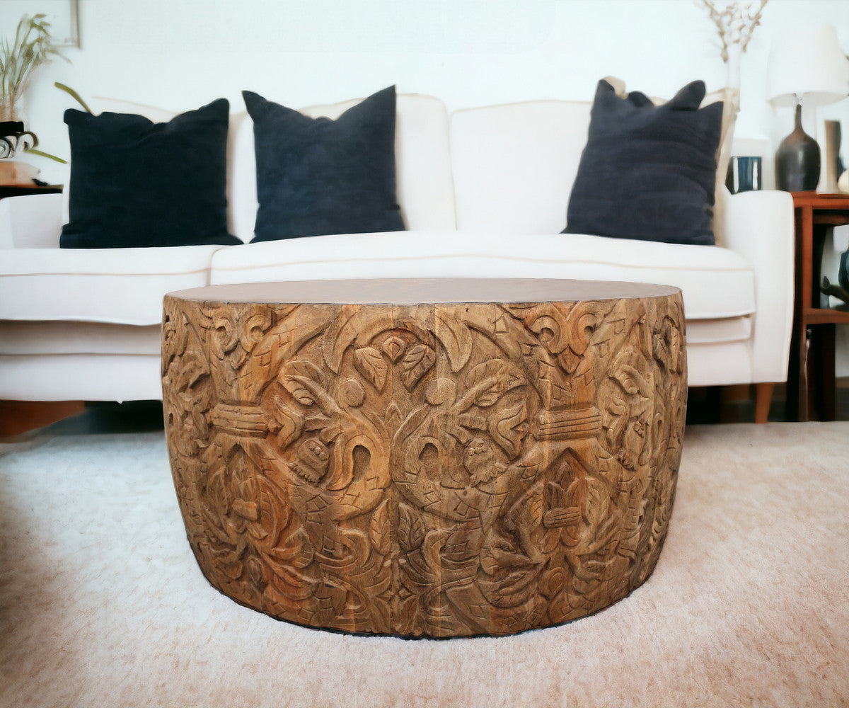 32" White and Natural Iron and Solid Wood Round Drum Coffee Table