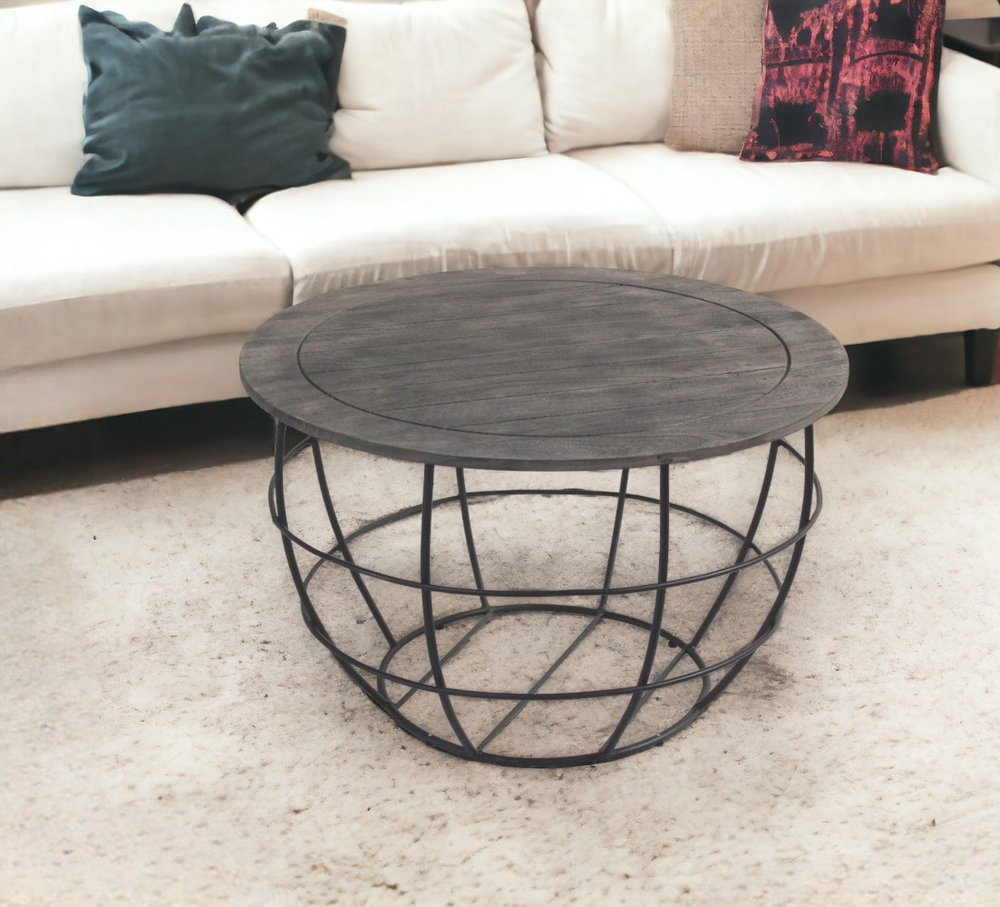 32" Gray Solid Wood Round Distressed Drum Drum Coffee Table