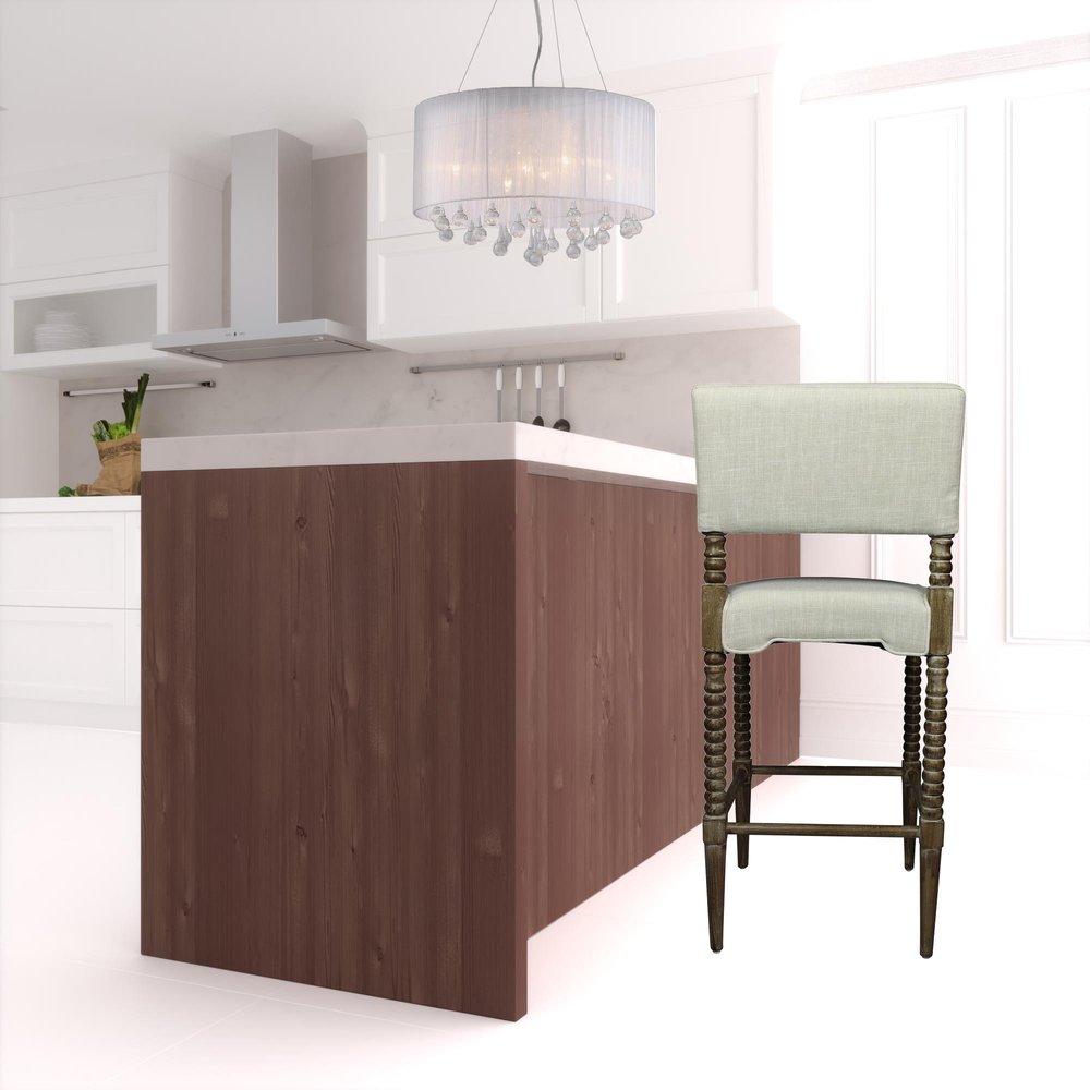 30" Off White And Brown Fabric And Linen And Solid Wood Bar Height Bar Chair
