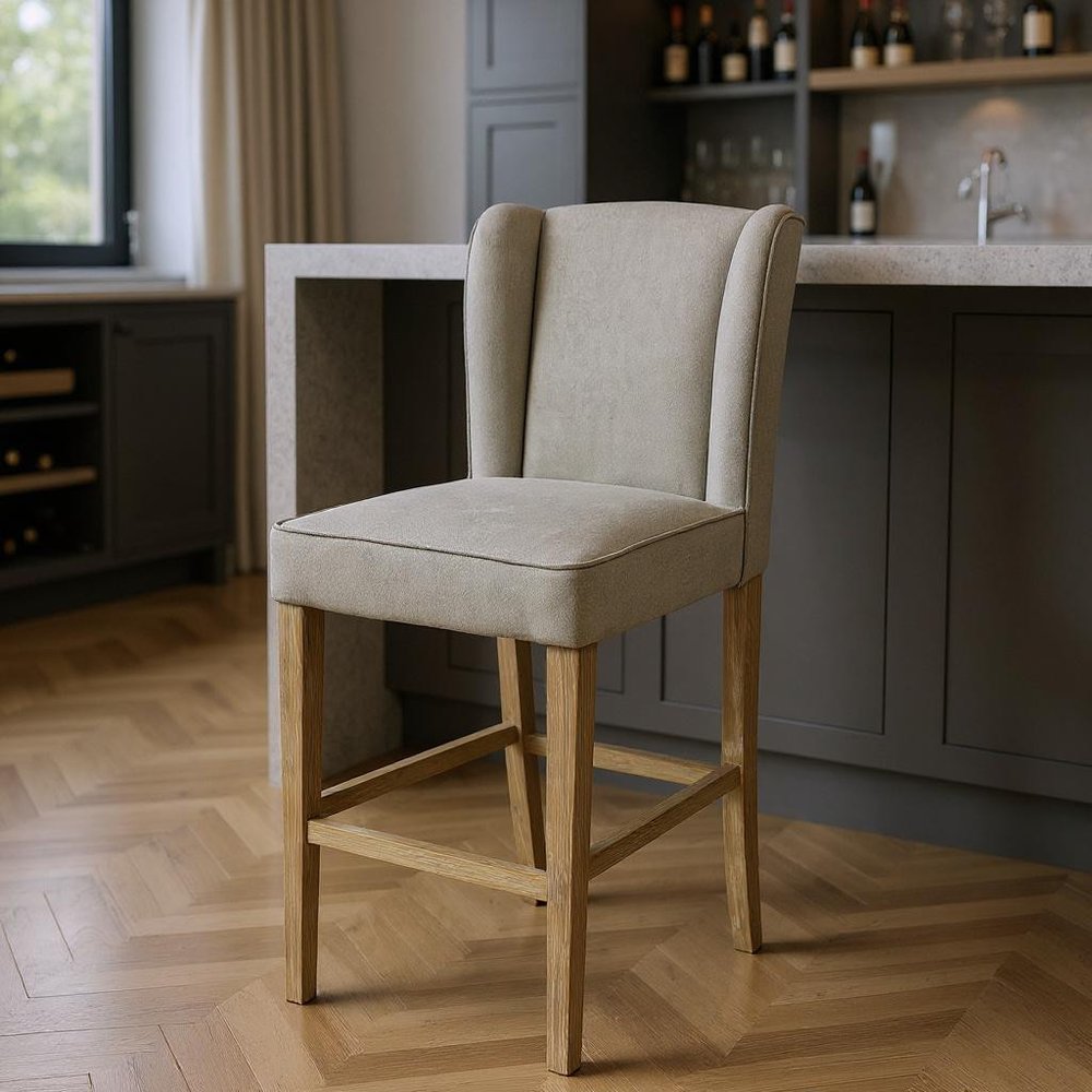30" Gray And Brown Fabric And Linen And Solid Wood Bar Height Bar Chair