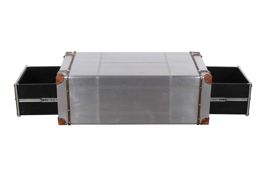 48" Silver Aluminum and Solid Wood Solid Coffee Table With Two Drawers
