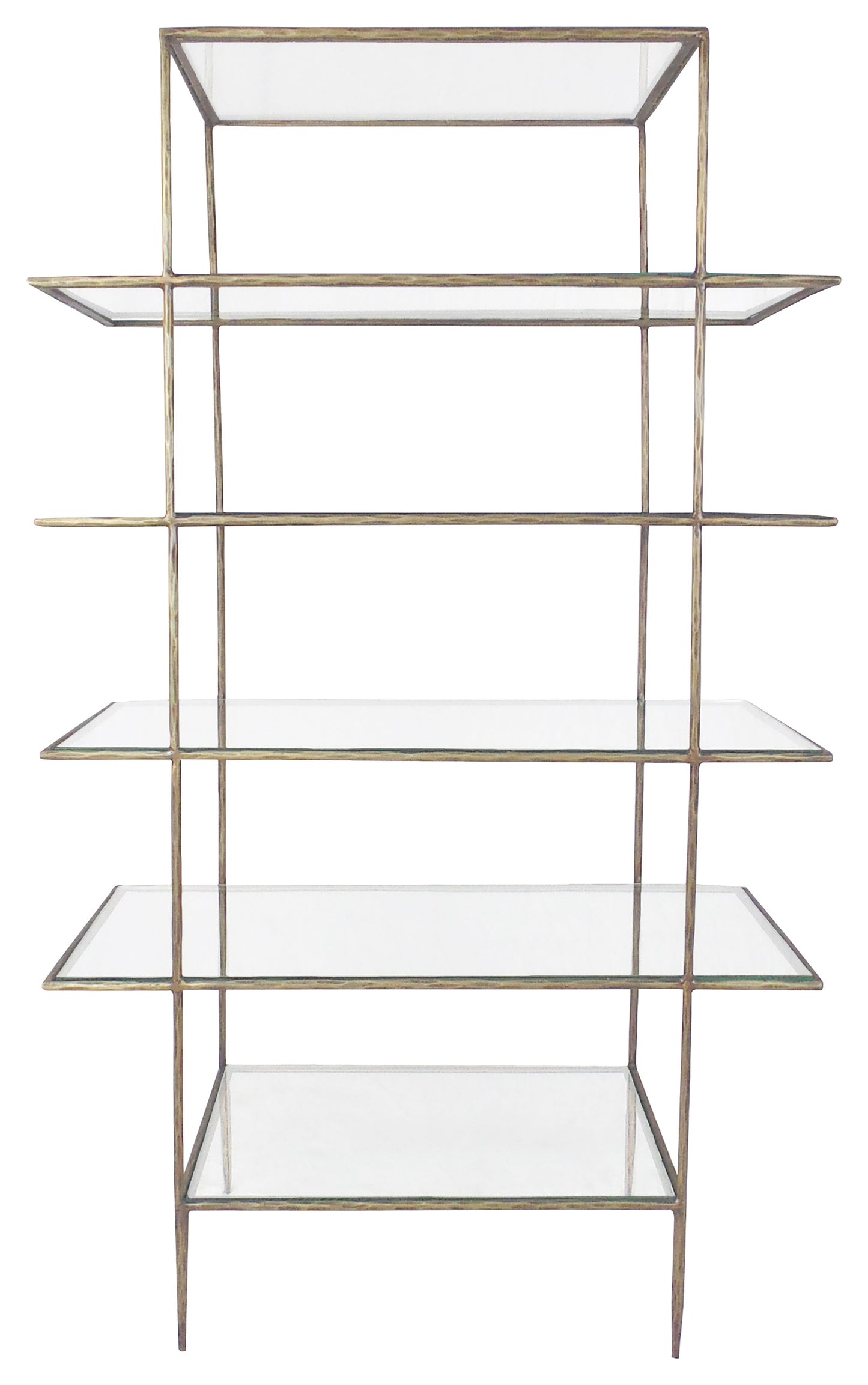 59" Antiqued Gold And Clear Iron and Glass Five Tier Etagere Bookcase