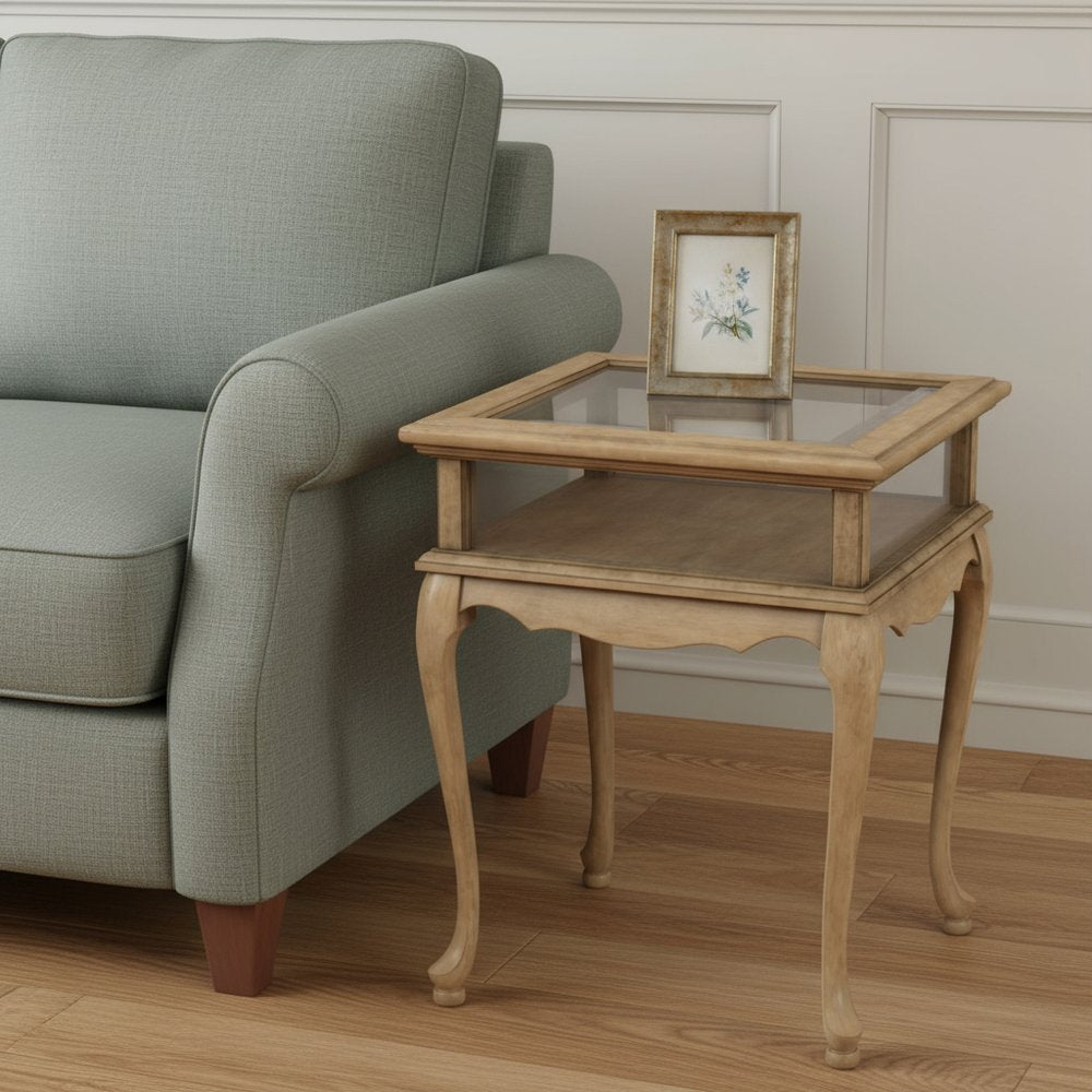 25" Beige Distressed Glass And Solid Wood End Table