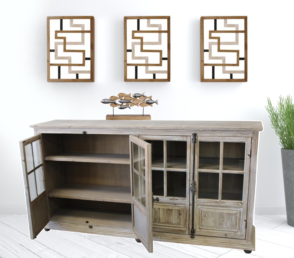 83" White Wash Gray Solid Wood Four Door Side Board with Glass Inserts