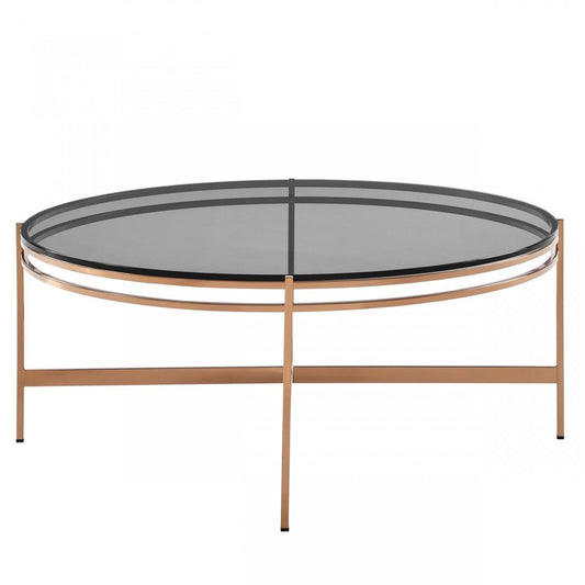 35" Gray and Gold Glass And Stainless Steel Round Coffee Table