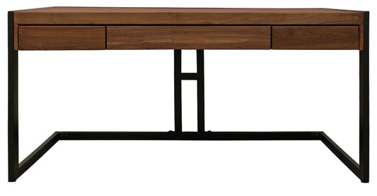 60" Brown And Black Acacia Solid Wood Executive Desk With Three Drawers