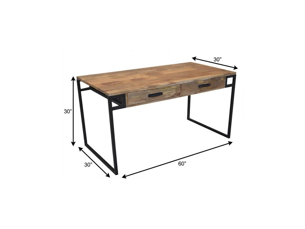 60" Natural and Black Solid Wood Writing Desk With Two Drawers