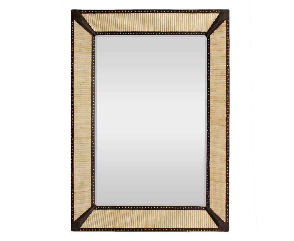30" Natural and Brown Metal and Bone Inlay Framed Accent Mirror