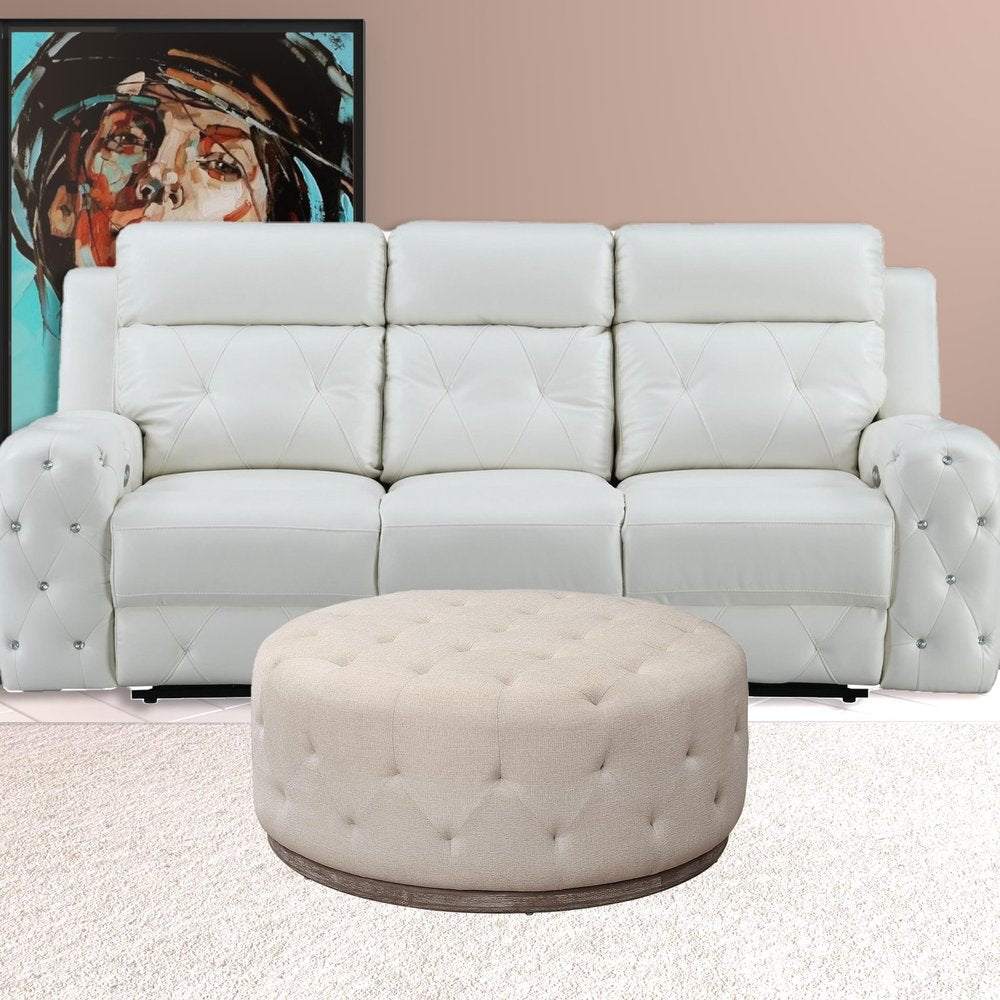42" Ivory Velvet And Brown Tufted Round Ottoman