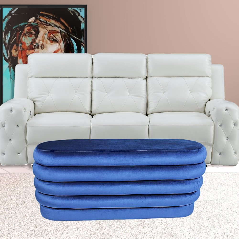 44" Blue Velvet Tufted Oval Ottoman