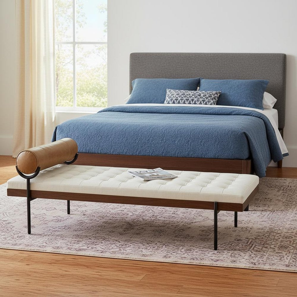 72" Ivory Brown And Black Tufted Cotton Wood And Metal Cushioned Bench With Pillow