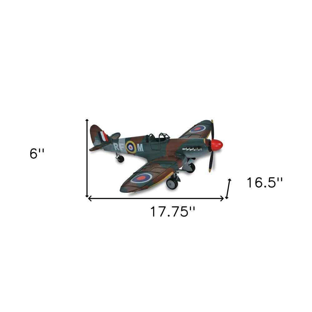 6" Green Metal Hand Painted 1940 Green and Brown Spit Fire Model Airplane