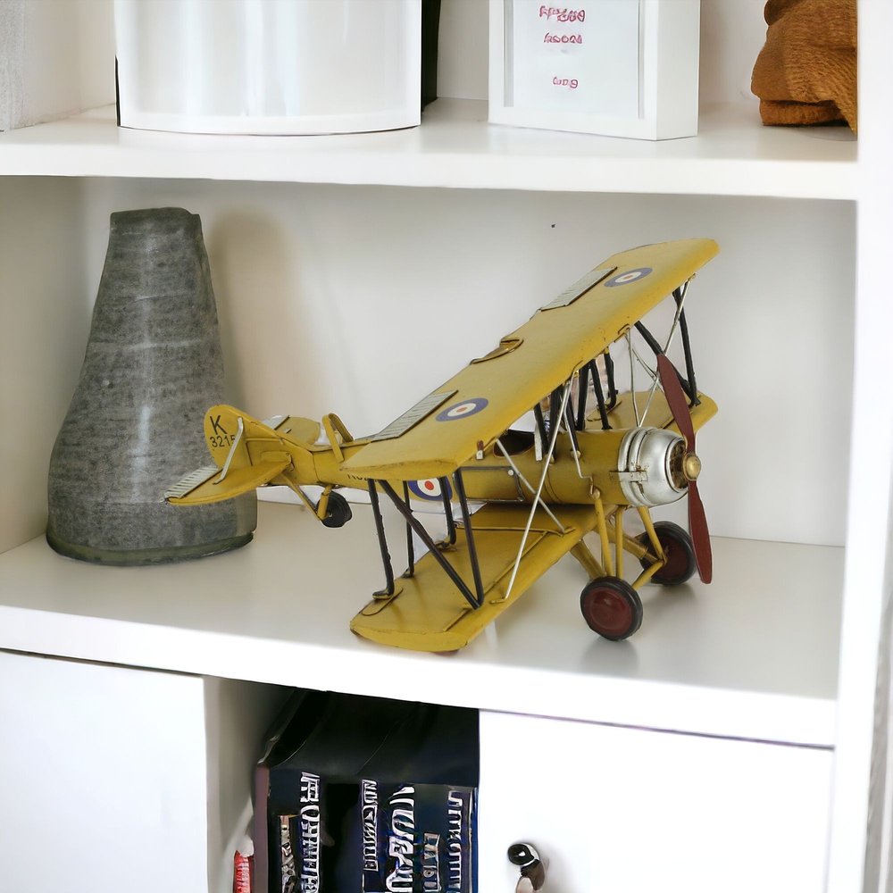 6" Yellow And Black Metal Hand Painted 1931's British Tutor Bi-Plane Model Airplane