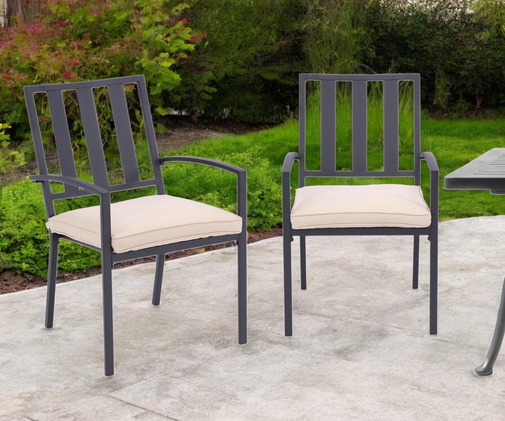 Set of Two Dark Gray Aluminum Outdoor Stacking Dining Chairs with Beige Cushion